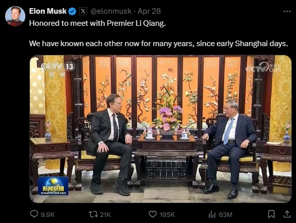 테슬라 중국 완전자율주행 출시 = 리창 총리를 만나는 일론 머스크