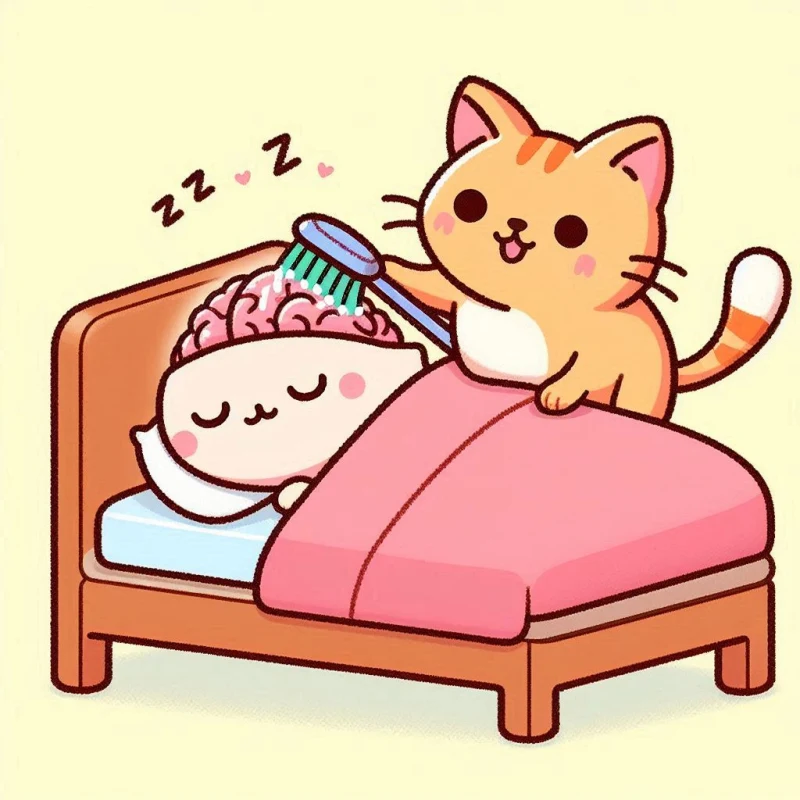 깊은-잠을-잘-때-노폐물-활성산소가-청소되는-뇌 : 고양이가 잠자는 사람의 뇌를 청소하고 있습니다.